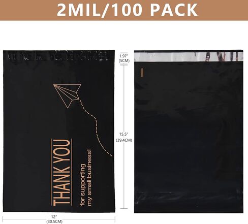 100 حزمة 12x15.5 بوصة حقيبة شحن بولي البريد ، نص الأعمال المطبوعة المطبوعة ذاتي الأظرف البريدية الأظرف للأعمال التجارية الصغيرة ، شكرا لك حقيبة الشحن ، حقائب التعبئة (أسود) in Kuwait