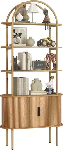 71" Tall Fluted Arched Bookshelf with Sliding Tambour Doors, Mid Century Modern Metal Curved Bookshelf Cabinet with Storage, 4-Tier Open Display Storage Shelf for Home Office, Living Room (Natural) in Saudi Arabia