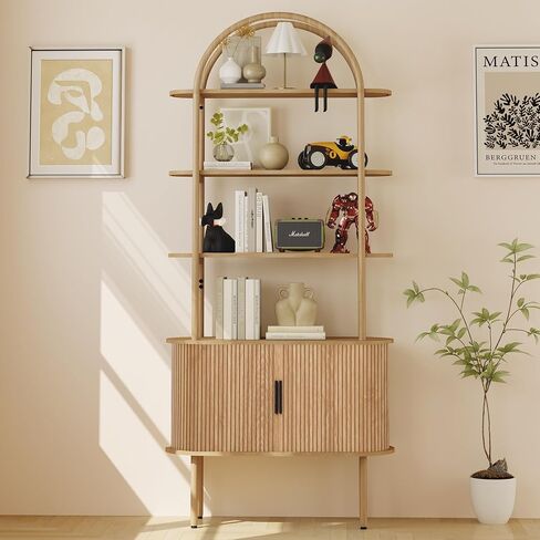 71" Tall Fluted Arched Bookshelf with Sliding Tambour Doors, Mid Century Modern Metal Curved Bookshelf Cabinet with Storage, 4-Tier Open Display Storage Shelf for Home Office, Living Room (Natural) in Saudi Arabia