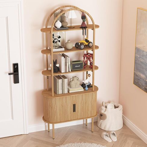 71" Tall Fluted Arched Bookshelf with Sliding Tambour Doors, Mid Century Modern Metal Curved Bookshelf Cabinet with Storage, 4-Tier Open Display Storage Shelf for Home Office, Living Room (Natural) in Saudi Arabia