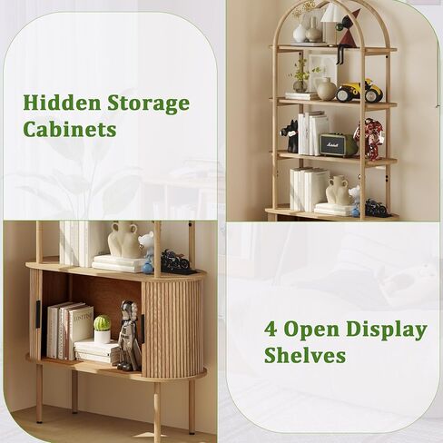71" Tall Fluted Arched Bookshelf with Sliding Tambour Doors, Mid Century Modern Metal Curved Bookshelf Cabinet with Storage, 4-Tier Open Display Storage Shelf for Home Office, Living Room (Natural) in Saudi Arabia