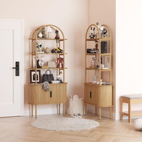 71" Tall Fluted Arched Bookshelf with Sliding Tambour Doors, Mid Century Modern Metal Curved Bookshelf Cabinet with Storage, 4-Tier Open Display Storage Shelf for Home Office, Living Room (Natural) in Saudi Arabia