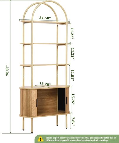 71" Tall Fluted Arched Bookshelf with Sliding Tambour Doors, Mid Century Modern Metal Curved Bookshelf Cabinet with Storage, 4-Tier Open Display Storage Shelf for Home Office, Living Room (Natural) in Saudi Arabia