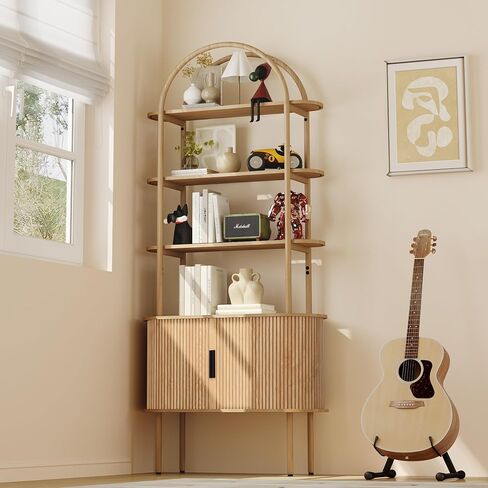 71" Tall Fluted Arched Bookshelf with Sliding Tambour Doors, Mid Century Modern Metal Curved Bookshelf Cabinet with Storage, 4-Tier Open Display Storage Shelf for Home Office, Living Room (Natural) in Saudi Arabia