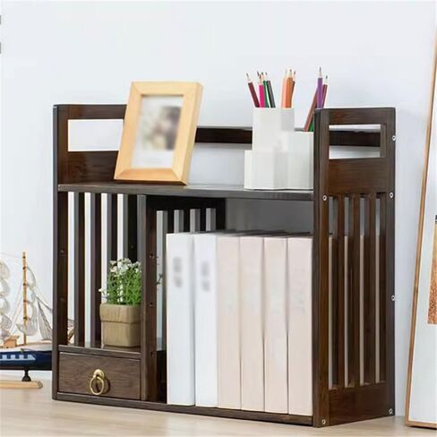 Bookcase Bamboo Desk File Organizer with Drawer, 2 Tier Desk Organizers and Accessories, Open Stackable Storage Rack, for School Home Office Supplies Modern(Original Colours,L60xW19xH45 cm) in Saudi Arabia