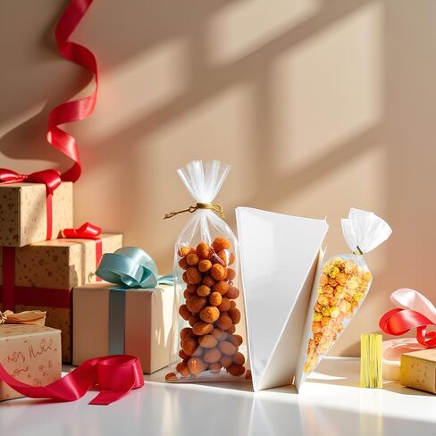 100pcs 7x15 بوصة أكياس علاج مخروطية واضحة-أكياس مثلث السيلوفان/على شكل جزر مع علاقات | مثالي للتخرج ، والأطراف ، والحلوى ، والفشار والوجبات الخفيفة | أكياس الهدايا المزخرفة للأحداث in Saudi Arabia