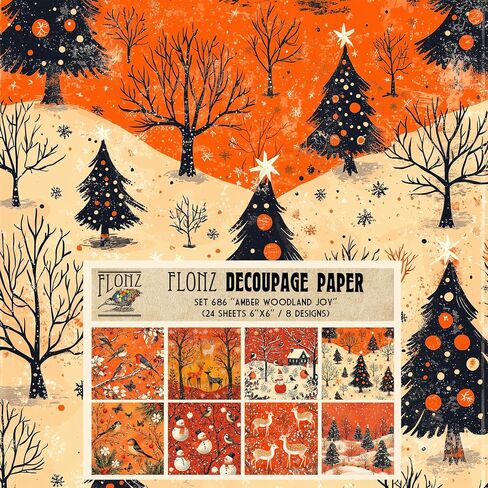 Decoupage Paper Pack (24 Sheets 6"x6") Festive Naive Tales ~ Stylized Christmas Scenes and Forest Creatures in Naive Folk-Art Style with Flat Shapes and Bright Midnight palettes in Kuwait