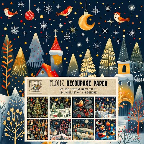 Decoupage Paper Pack (24 Sheets 6"x6") Festive Naive Tales ~ Stylized Christmas Scenes and Forest Creatures in Naive Folk-Art Style with Flat Shapes and Bright Midnight palettes in Kuwait