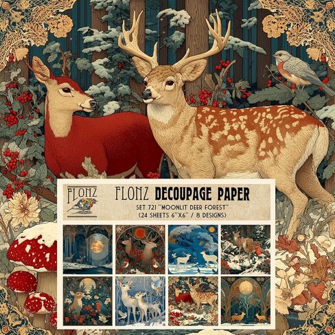 Decoupage Paper Pack (24 Sheets 6"x6") Festive Naive Tales ~ Stylized Christmas Scenes and Forest Creatures in Naive Folk-Art Style with Flat Shapes and Bright Midnight palettes in Kuwait