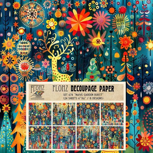 Decoupage Paper Pack (24 Sheets 6"x6") Festive Naive Tales ~ Stylized Christmas Scenes and Forest Creatures in Naive Folk-Art Style with Flat Shapes and Bright Midnight palettes in Kuwait