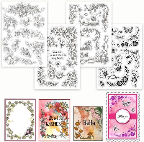 Globleland 4 Sheets الزهور زوايا ختم واضحة للاصطدامات كرمة Vine Plants Lace Silicone Stamps Rose Frame Stamprent Stamprent For Card in Saudi Arabia