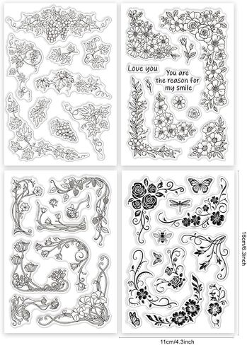 Globleland 4 Sheets الزهور زوايا ختم واضحة للاصطدامات كرمة Vine Plants Lace Silicone Stamps Rose Frame Stamprent Stamprent For Card in Saudi Arabia