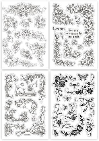 Globleland 4 Sheets الزهور زوايا ختم واضحة للاصطدامات كرمة Vine Plants Lace Silicone Stamps Rose Frame Stamprent Stamprent For Card in Saudi Arabia