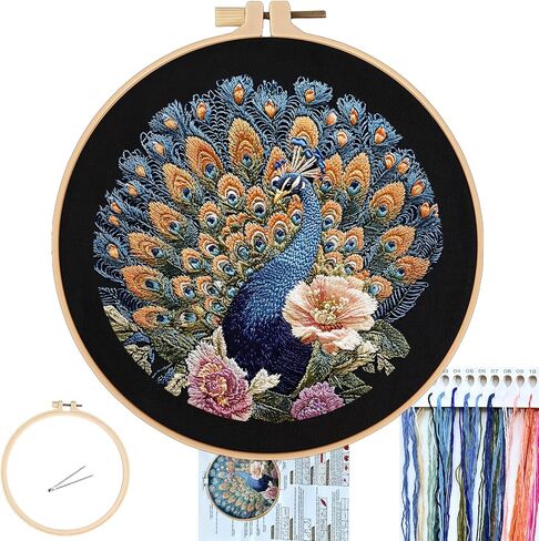 FONNUY Peacock Floral Embroidery Kit, Cross Stitch Kits, Handmade Crafts with Printed Patterns for Beginner Adults, Easy to Follow Color Thread Needlework, 8'' Hoop (Graceful Dancer) in Saudi Arabia