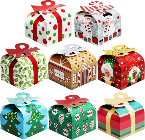 JOYIN 24 PCS 3D Christmas Goody Gift Boxes with Bow for Holiday Xmas Goodie Paper Boxes, School Classroom Party Favor Supply, 6" x 6" x 5.5" 8 Designs Candy Treat Cardboard Cookie Box for Gift Giving in Saudi Arabia