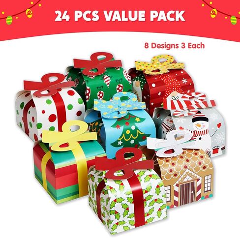 JOYIN 24 PCS 3D Christmas Goody Gift Boxes with Bow for Holiday Xmas Goodie Paper Boxes, School Classroom Party Favor Supply, 6" x 6" x 5.5" 8 Designs Candy Treat Cardboard Cookie Box for Gift Giving in Saudi Arabia