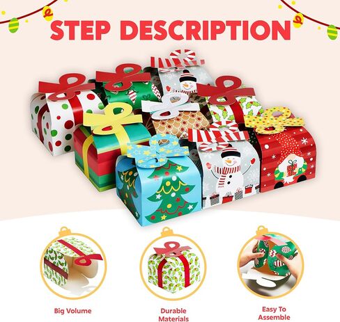 JOYIN 24 PCS 3D Christmas Goody Gift Boxes with Bow for Holiday Xmas Goodie Paper Boxes, School Classroom Party Favor Supply, 6" x 6" x 5.5" 8 Designs Candy Treat Cardboard Cookie Box for Gift Giving in Saudi Arabia
