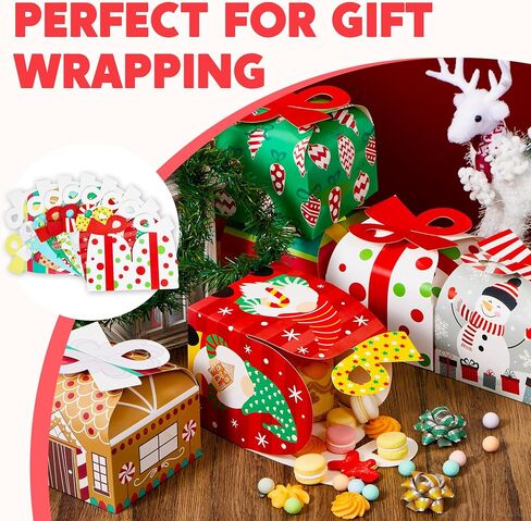 JOYIN 24 PCS 3D Christmas Goody Gift Boxes with Bow for Holiday Xmas Goodie Paper Boxes, School Classroom Party Favor Supply, 6" x 6" x 5.5" 8 Designs Candy Treat Cardboard Cookie Box for Gift Giving in Saudi Arabia