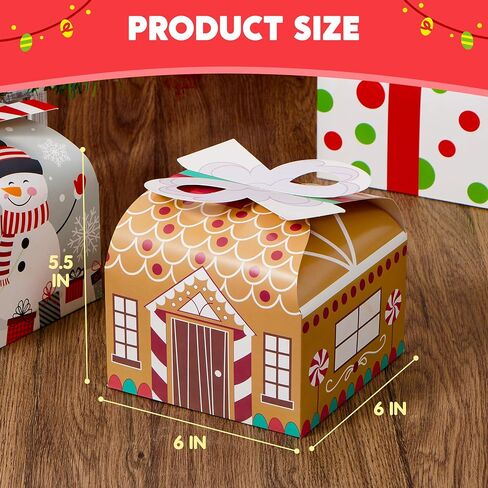 JOYIN 24 PCS 3D Christmas Goody Gift Boxes with Bow for Holiday Xmas Goodie Paper Boxes, School Classroom Party Favor Supply, 6" x 6" x 5.5" 8 Designs Candy Treat Cardboard Cookie Box for Gift Giving in Saudi Arabia