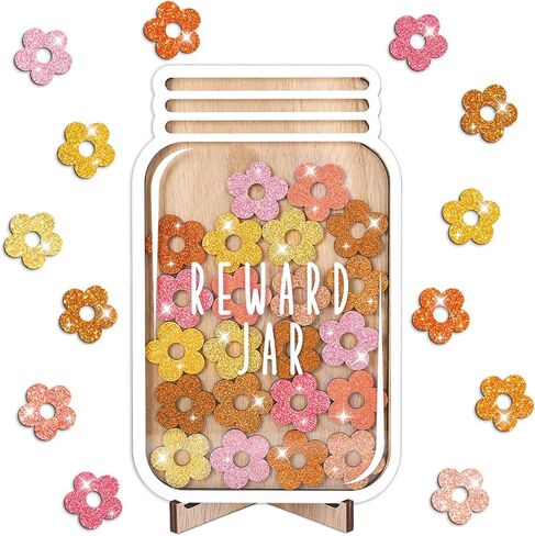 Wooden Reward Jar for Kids Glitter Boho Daisy Flower Cutouts Positive Incentive Behavior Chart with Base Management Tools Decoration Reward System for Back to School Classroom Supplies, 39 Pcs in Saudi Arabia
