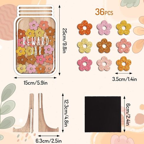 Wooden Reward Jar for Kids Glitter Boho Daisy Flower Cutouts Positive Incentive Behavior Chart with Base Management Tools Decoration Reward System for Back to School Classroom Supplies, 39 Pcs in Saudi Arabia