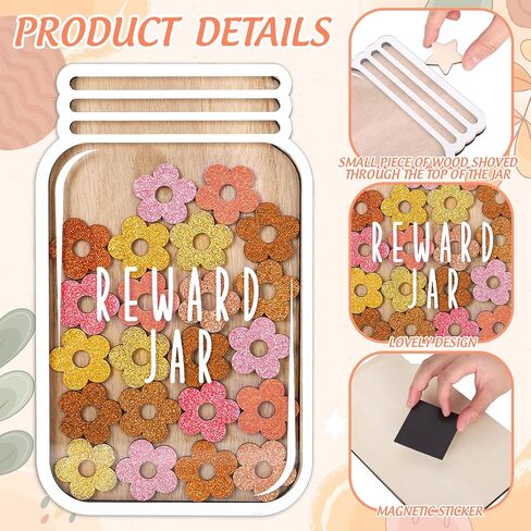 Wooden Reward Jar for Kids Glitter Boho Daisy Flower Cutouts Positive Incentive Behavior Chart with Base Management Tools Decoration Reward System for Back to School Classroom Supplies, 39 Pcs in Saudi Arabia
