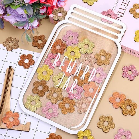 Wooden Reward Jar for Kids Glitter Boho Daisy Flower Cutouts Positive Incentive Behavior Chart with Base Management Tools Decoration Reward System for Back to School Classroom Supplies, 39 Pcs in Saudi Arabia
