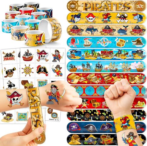 48PCS Pirate Party Favors - 24PCS Tattoos & 24PCS Slap Bracelets - Pirate-Themed Birthday Supplies, Treasure Hunt Decorations, Classroom Prizes, Gifts for Boys & Girls in Saudi Arabia