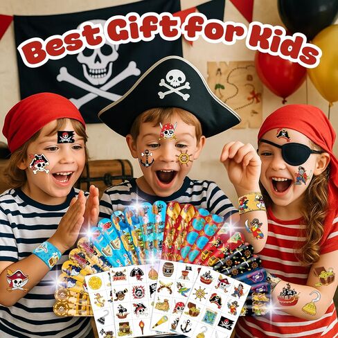 48PCS Pirate Party Favors - 24PCS Tattoos & 24PCS Slap Bracelets - Pirate-Themed Birthday Supplies, Treasure Hunt Decorations, Classroom Prizes, Gifts for Boys & Girls in Saudi Arabia