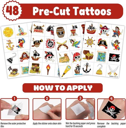 48PCS Pirate Party Favors - 24PCS Tattoos & 24PCS Slap Bracelets - Pirate-Themed Birthday Supplies, Treasure Hunt Decorations, Classroom Prizes, Gifts for Boys & Girls in Saudi Arabia
