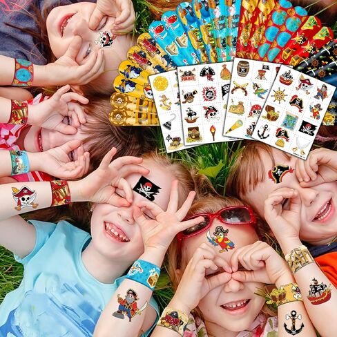 48PCS Pirate Party Favors - 24PCS Tattoos & 24PCS Slap Bracelets - Pirate-Themed Birthday Supplies, Treasure Hunt Decorations, Classroom Prizes, Gifts for Boys & Girls in Saudi Arabia