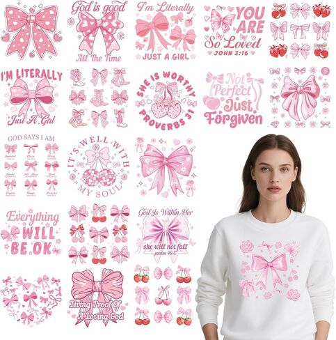 Coquete Bow Iron on Transfers for T-Shirts - Wxiben 20Pcs Pink Bows Dtf Transfers Ready to Press Inspirational Quote Heat Transfer Vinyl Stickers Motivational Iron on Decals for Clothes Bag DIY Crafts in Saudi Arabia