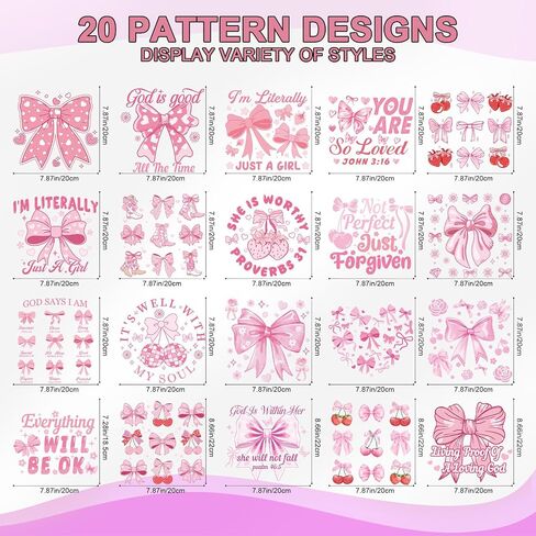 Coquete Bow Iron on Transfers for T-Shirts - Wxiben 20Pcs Pink Bows Dtf Transfers Ready to Press Inspirational Quote Heat Transfer Vinyl Stickers Motivational Iron on Decals for Clothes Bag DIY Crafts in Saudi Arabia