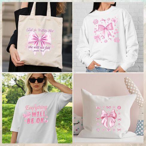 Coquete Bow Iron on Transfers for T-Shirts - Wxiben 20Pcs Pink Bows Dtf Transfers Ready to Press Inspirational Quote Heat Transfer Vinyl Stickers Motivational Iron on Decals for Clothes Bag DIY Crafts in Saudi Arabia