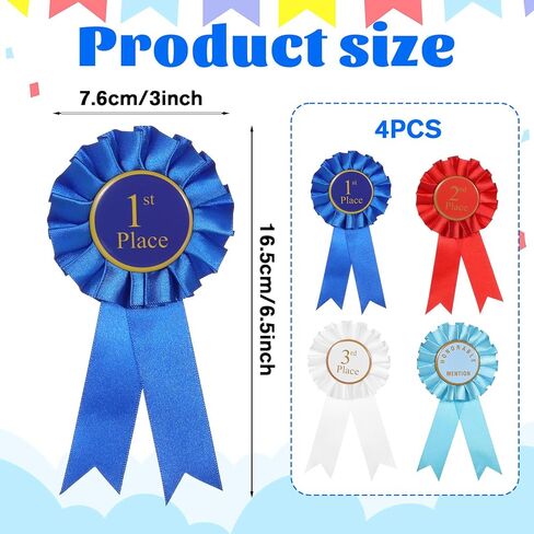 4 PCS Award Ribbon Rosette Set ، Grand Award Ribbon Ribbon Victory Ribbons ، شرائط مشاركة الساتان الأولى في المرتبة الثالثة في المرتبة الثالثة في المركز الشريفي ، ميداليات شارة الشارة الفاخرة-Ribbon for Classroom in Kuwait