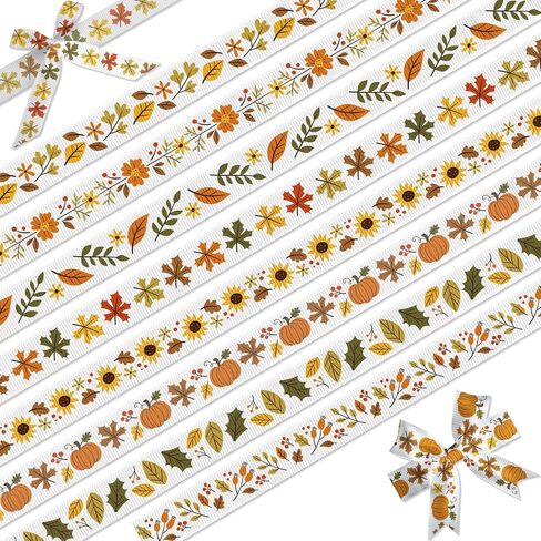 Fall Ribbon 8 Pack - 24 ياردة مجموعة أشرطة الخريف ، 3/8 بوصة عيد الشكر يترك القرع غروس in Kuwait