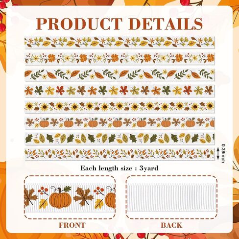 Fall Ribbon 8 Pack - 24 ياردة مجموعة أشرطة الخريف ، 3/8 بوصة عيد الشكر يترك القرع غروس in Kuwait