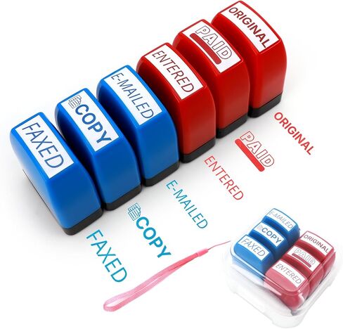 مجموعة طوابع طوابع محفوظة الذات - حزمة حمراء وأزرق لمستندات العمل | طوابع المكاتب المسبقة (مدفوعة ، فاكس ، إدخال ، نسخة) | طوابع مطاطية متينة للأوراق ورسائل البريد الإلكتروني والسجلات | بواسطة 6ugooes in Kuwait