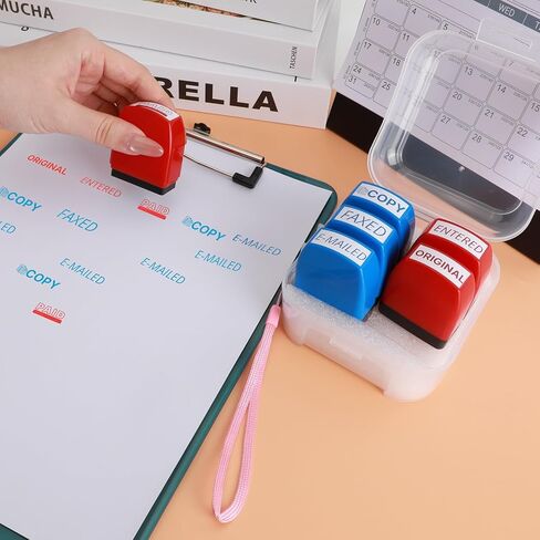 مجموعة طوابع طوابع محفوظة الذات - حزمة حمراء وأزرق لمستندات العمل | طوابع المكاتب المسبقة (مدفوعة ، فاكس ، إدخال ، نسخة) | طوابع مطاطية متينة للأوراق ورسائل البريد الإلكتروني والسجلات | بواسطة 6ugooes in Kuwait