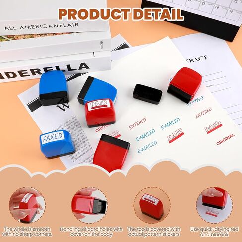 مجموعة طوابع طوابع محفوظة الذات - حزمة حمراء وأزرق لمستندات العمل | طوابع المكاتب المسبقة (مدفوعة ، فاكس ، إدخال ، نسخة) | طوابع مطاطية متينة للأوراق ورسائل البريد الإلكتروني والسجلات | بواسطة 6ugooes in Kuwait