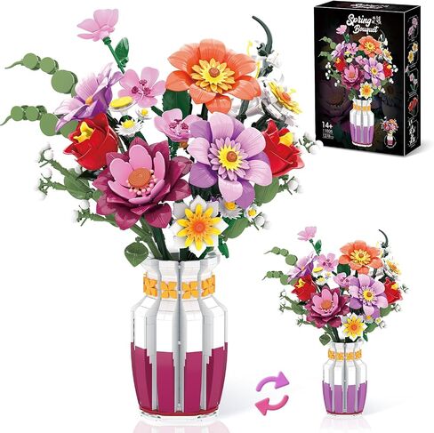 Dual-Tone Vase Flowers Bouquet Building Set, 16 Artificial Flowers Bouquet Sets for Adults & Women & Home Decor Living Room, Compatible with Lego Flowers Bouquet Botanicals Collection, 1278 PCS in Saudi Arabia