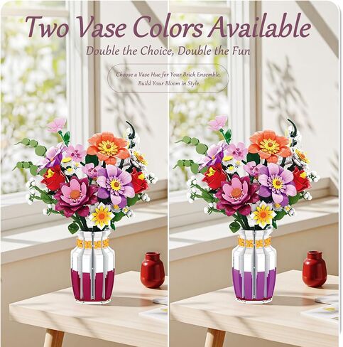Dual-Tone Vase Flowers Bouquet Building Set, 16 Artificial Flowers Bouquet Sets for Adults & Women & Home Decor Living Room, Compatible with Lego Flowers Bouquet Botanicals Collection, 1278 PCS in Saudi Arabia