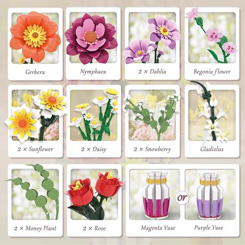 Dual-Tone Vase Flowers Bouquet Building Set, 16 Artificial Flowers Bouquet Sets for Adults & Women & Home Decor Living Room, Compatible with Lego Flowers Bouquet Botanicals Collection, 1278 PCS in Saudi Arabia