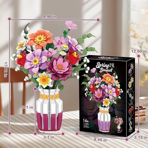 Dual-Tone Vase Flowers Bouquet Building Set, 16 Artificial Flowers Bouquet Sets for Adults & Women & Home Decor Living Room, Compatible with Lego Flowers Bouquet Botanicals Collection, 1278 PCS in Saudi Arabia