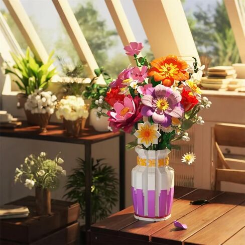 Dual-Tone Vase Flowers Bouquet Building Set, 16 Artificial Flowers Bouquet Sets for Adults & Women & Home Decor Living Room, Compatible with Lego Flowers Bouquet Botanicals Collection, 1278 PCS in Saudi Arabia