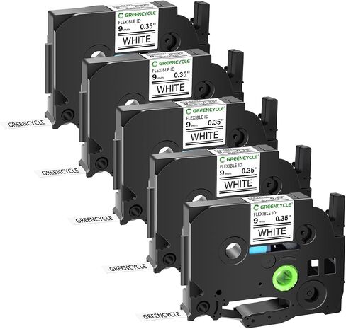 Greencycle مرنة معطير التسمية شريط Tze-Fx221 9mm 0.35 "أبيض مغلق متوافق مع الأخ p-touch tzefx221 tz-fx221 tze tz 3/8 بوصة أسود على شريط تسمية أبيض لـ pt-d200 pt-d210 pt-d220 ، 5 pack in Kuwait