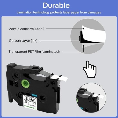 Greencycle مرنة معطير التسمية شريط Tze-Fx221 9mm 0.35 "أبيض مغلق متوافق مع الأخ p-touch tzefx221 tz-fx221 tze tz 3/8 بوصة أسود على شريط تسمية أبيض لـ pt-d200 pt-d210 pt-d220 ، 5 pack in Kuwait