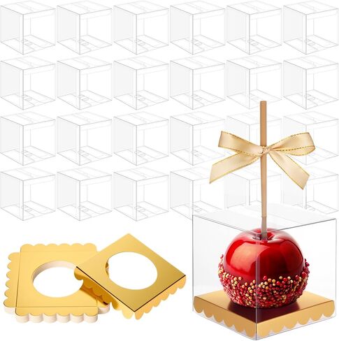 Weysat 50 PCS Candy Apple Box مع Hole Top Gold Base Clear Pet Caramel Apples Hife Joxs with Cheerboard Cake Chocolate Circle Treshing for Birthday Party Baby Baby 4 "× 4" × 4 " in Saudi Arabia