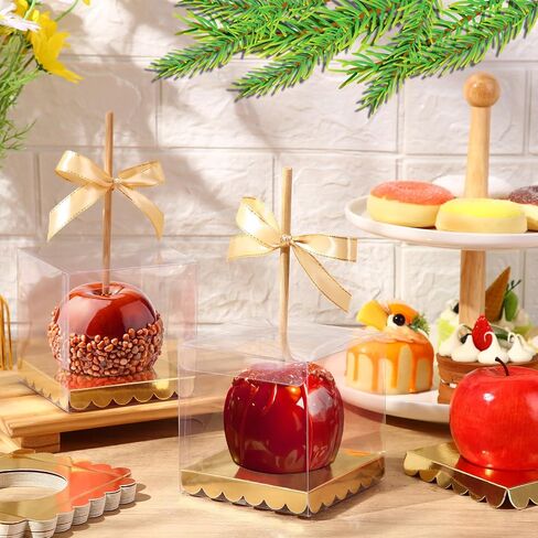 Weysat 50 PCS Candy Apple Box مع Hole Top Gold Base Clear Pet Caramel Apples Hife Joxs with Cheerboard Cake Chocolate Circle Treshing for Birthday Party Baby Baby 4 "× 4" × 4 " in Saudi Arabia