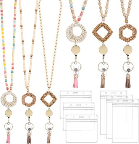 3 Pcs Teacher Lanyard with ID Holder and Retractable Badge Reel and Keychain Cute Colorful Wooden Beaded Lanyards with Boho Tassel Key Ring in Saudi Arabia
